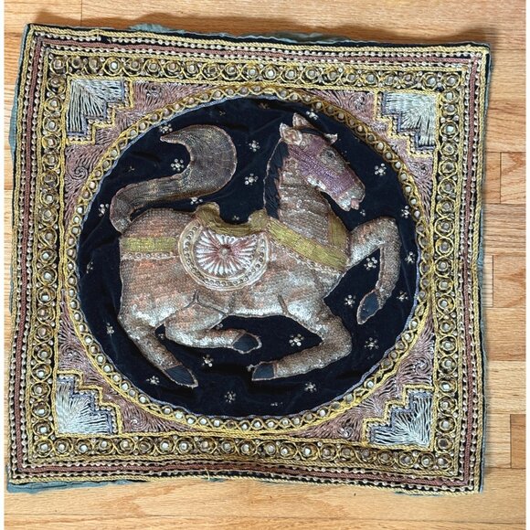 Handmade Burmese Kalaga Embroidered Tapestry Sequined Horse Motif - Picture 10 of 11